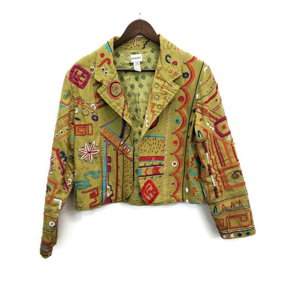 Chicos Womens Colorful Bohemian Embroidery Studded Blazer Jacket Size M Metallic - Picture 1 of 7